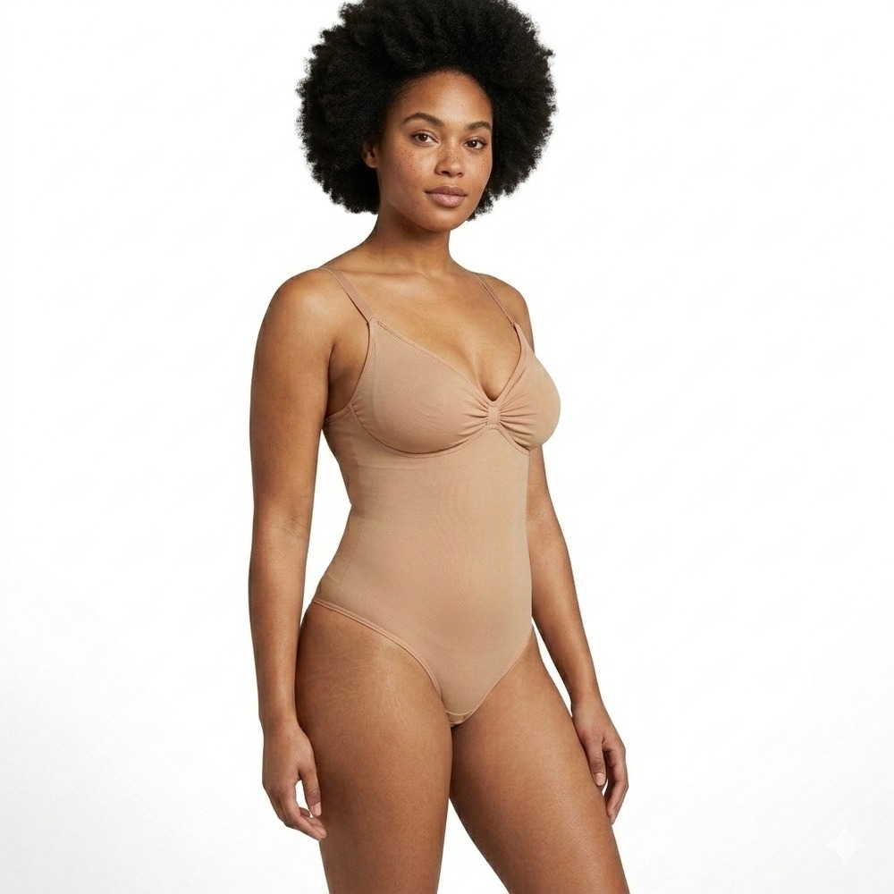 Nude Seamless Thong Bodysuit Shaper Low Back V-Neck M/L Beige Shapewear